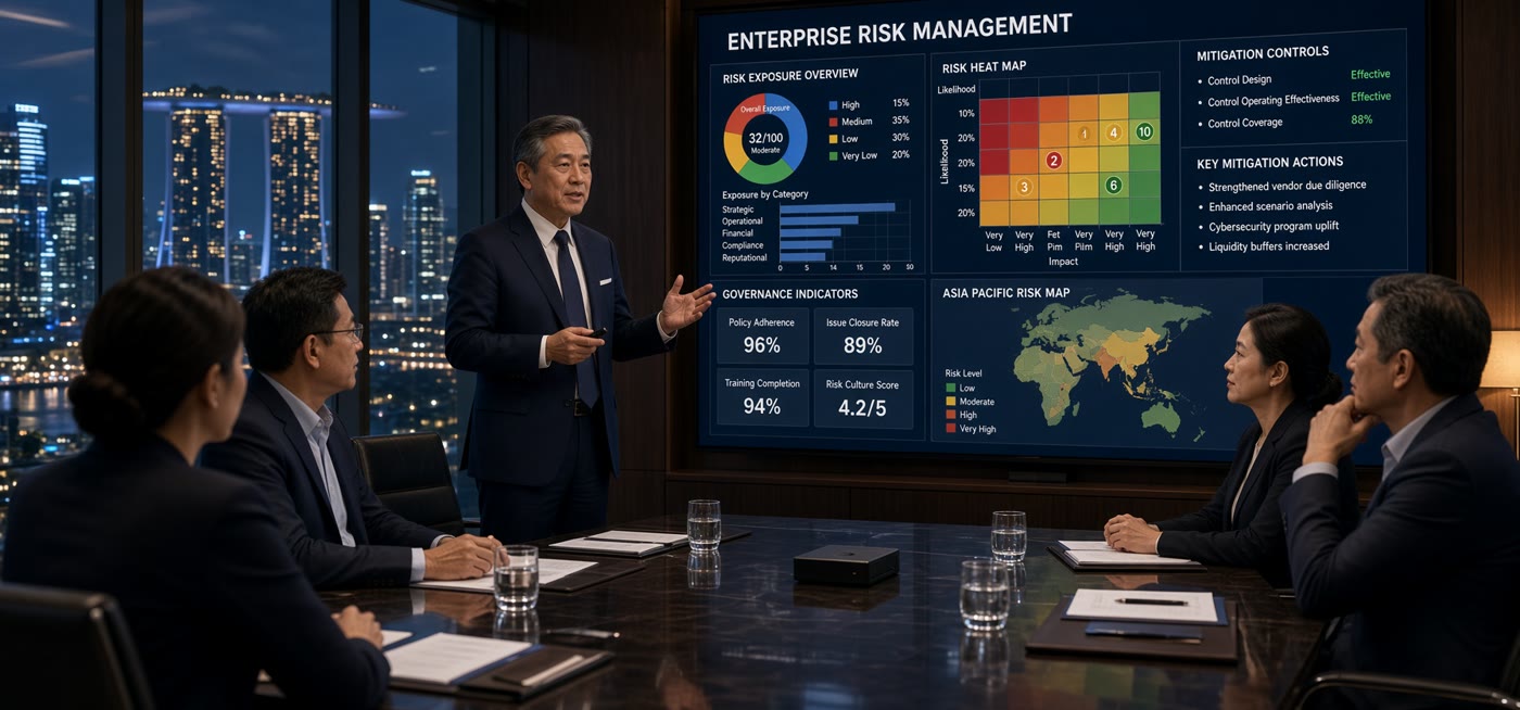 Enterprise risk management review: risk heat map, exposure by category and mitigation controls