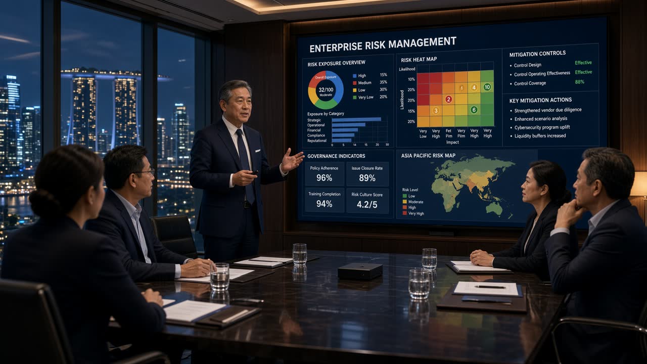 Enterprise risk management review: risk heat map, exposure by category and mitigation controls